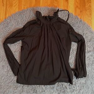 Wandering Elegant Black Ruffle Neck Cotton Blouse Top Size S
